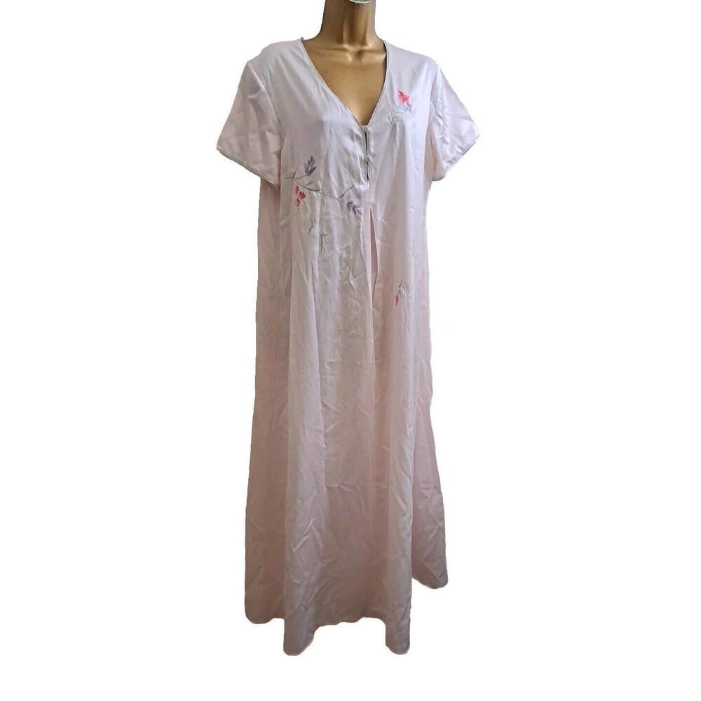 Natori Kaftan Nightgown Women's M Soft Pink Floral Embroidery Satin Long Dress